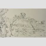 Attributed to Thomas Barclay Hennell, RWS, 1903-1945, Farmyard scene with labourer working,