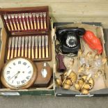 A Victorian drop dial wall clock, a set of fish knives, cased, a bakelite telephone,