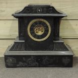 A Victorian black slate mantel clock,