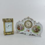 A brass cased carriage clock, together with a continental porcelain cased mantel clock,