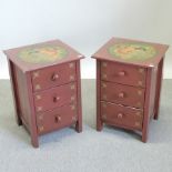 A pair of red painted and floral decorated bedside chests,