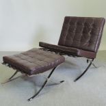 A brown upholstered Barcelona style chair, 77cm,