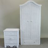 A white painted wicker wardrobe, with drawer below, 85cm,