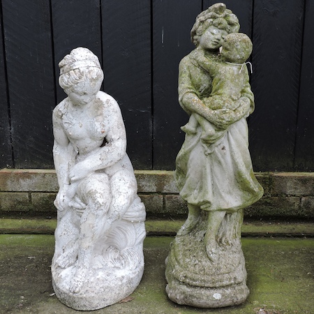 A reconstituted stone figure of a lady with a child, 70cm, together with another,