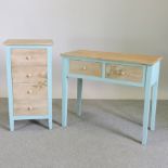 A pine and blue painted narrow chest, together with a matching console table,