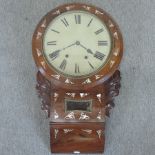 A Victorian rosewood and mother of pearl inlaid drop dial wall clock,