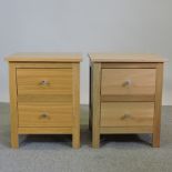 A pair of modern oak side tables, each 45cm, together with a light oak display cabinet,