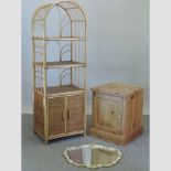 A bamboo open bookcase, 55cm, together with a pine cabinet,