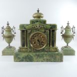 A Victorian green onyx clock garniture,