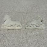 A pair of reconstituted stone models of recumbent lions,