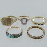 A collection of five 9 carat gold rings, to include amethyst,