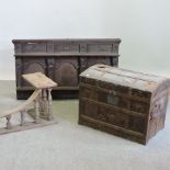 A 19th century iron bound trunk, together with a wooden fender,