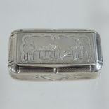 A 19th century French silver snuff box, engraved with a townscape,