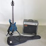 A Tanglewood Rebel bass guitar, in a soft case, with an amp,