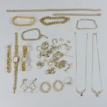 A collection of gold plated jewellery, to include two ladies wristwatches, four bracelets,