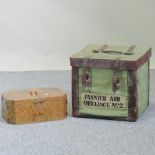 A 1930's walnut work box, together with a leather bound canvas hamper,