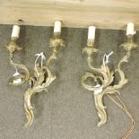 A pair of Victorian gilt bronze twin branch wall lights,