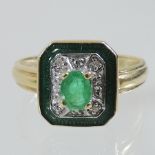 A 14 carat gold emerald, diamond and enamel ring,