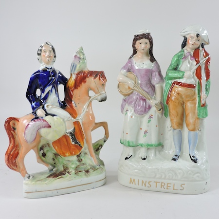 A Staffordshire flatback figure, Minstrels, 28cm tall,