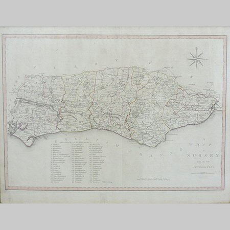 After John Cary, map of Sussex, dated 1805, hand coloured engraving,