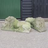 A pair of large weathered reconstituted stone models of recumbent lions,