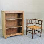 A pine dwarf open bookcase, 75cm, together with a 19th century corner chair,