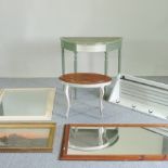 A green painted serpentine side table, 83cm, together with a walnut top occasional table,