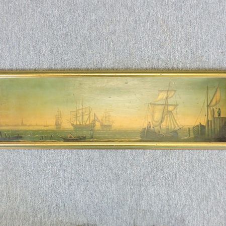 English School, 19th century, coastal scene with galleons at anchor, oil on panel,