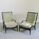 A pair of 1950's Cintique ebonised and green upholstered open armchairs