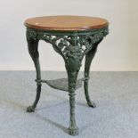 A green painted cast iron pub table, with a circular top,