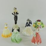 A collection of five Coalport figures of ladies and a Coalport flower ornament,