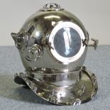 A metal diver's helmet,