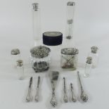 A collection of early 20th century and later silver top and plated dressing table jars