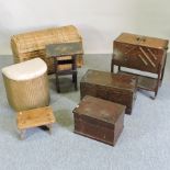 A wooden box, together with another smaller, a sewing box on stand, two baskets,