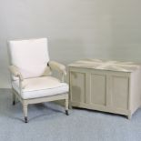 A grey painted and union jack upholstered open armchair,