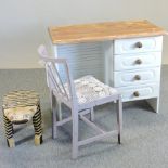 A modern white painted and pine desk and chair, together with another desk and chair,