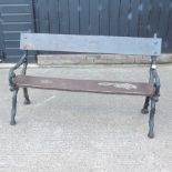 A Coalbrookdale style antique black painted cast iron and wooden garden bench,