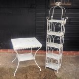 A white painted metal table, 63cm, together with a matching five tier shelf,