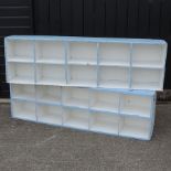 A pair of blue painted wooden filing shelves,