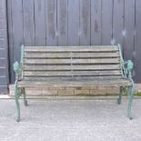 A green painted metal and wooden slatted garden bench,
