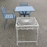 A blue painted metal garden table, 70 x 70cm, with two matching chairs,