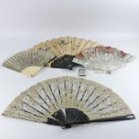 An early 20th century ladies fan, hand painted with birds and butterflies, together with a lace fan,