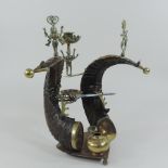 An Indian ram's horn and brass mounted desk stand,