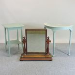 A painted side table, 75cm, together with another and a mahogany swing-frame toiletry mirror,