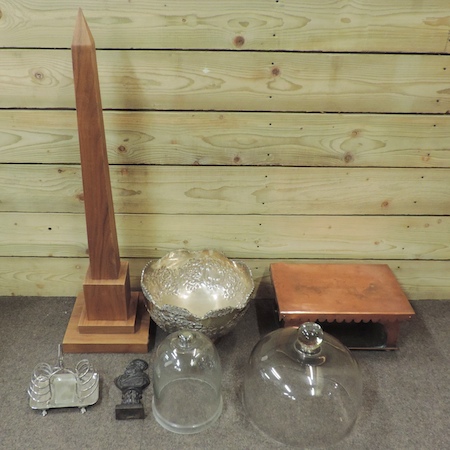 A glass dome, together with a bell jar, a wooden obelisk, 90cm tall, a plated punch bowl,