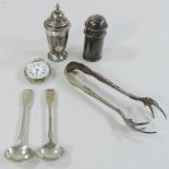 A Victorian silver cased pocket watch, together with a pair of silver condiments,