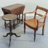 An elm open arm chair, together with an oak drop leaf table, 75cm,