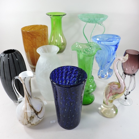 A collection of various coloured glass vases, to include Murano,