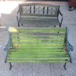 A green painted metal and slatted wooden garden bench, 129cm,