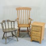 A pine rocking chair, together with an oak three drawer chest, 42cm,